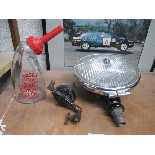 1132 - A Lucas 700s fog lamp, Lucas Battery Filler Bottle and a 1930s brass fuel filter