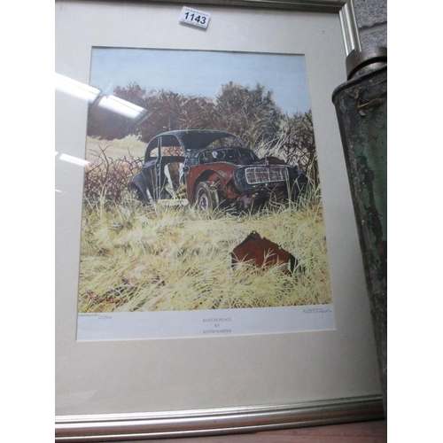 1143 - A signed limited edition no 20/500 print 'Rust in Peace' by Keith Harper of a Morris MInor