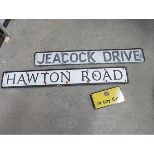 1159 - 2 aluminium street name road signs Hawton Road and Jeacock Drive and 1 other sign