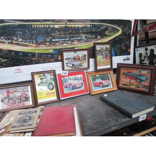 1161 - A quantity of small framed vintage style adverts and pictures of cars and motorcycles