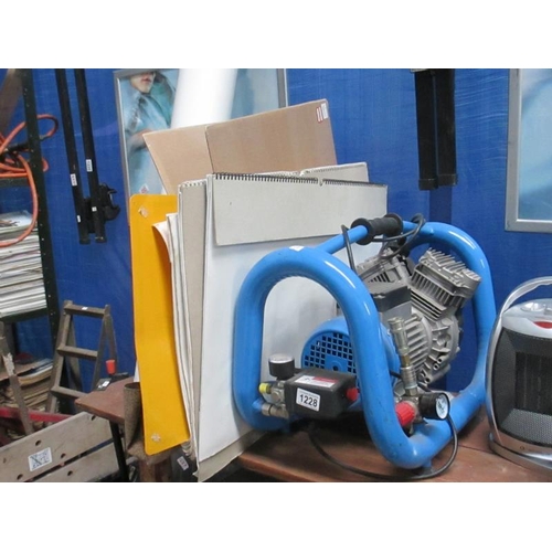 1228 - A FG Superfox 3T compressor and a huge lot of gasket material and pictures & posters