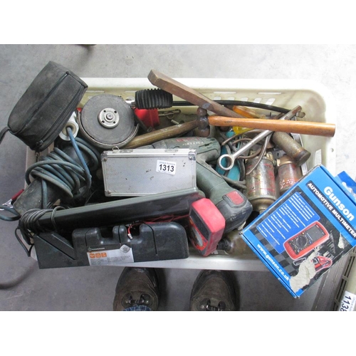 1313 - A good box of workshop items including multimeters, drills, angle grinder etc