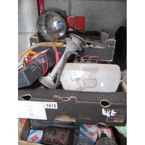 1015 - A huge lot of tools and car items including air horns, early Cibie fog lights, cutters etc