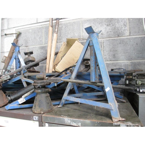 1038 - 2 quality jacking car ramps, axle stands and four jacks and a selection of grease guns