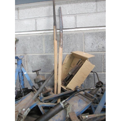 1038 - 2 quality jacking car ramps, axle stands and four jacks and a selection of grease guns