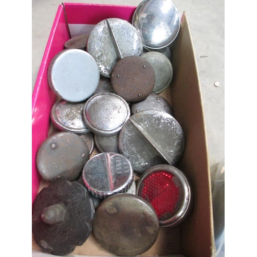 1042 - 2 boxes of radiator and rocker cover caps and a collection of vintage chrome