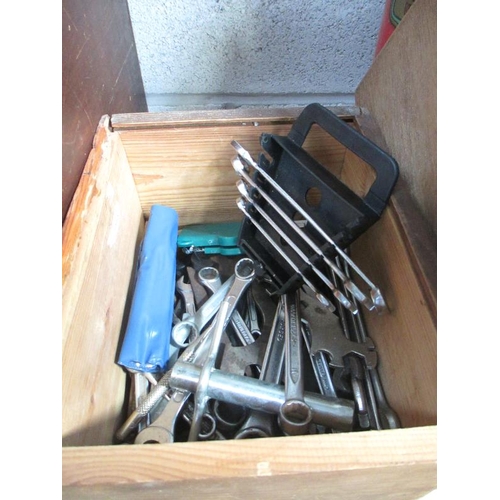 1084 - A box of spanners etc and an old box