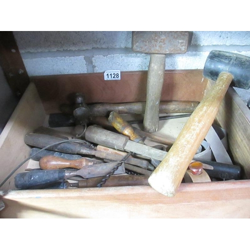 1128 - A good large selection of drill bits, G-Clamps, hammers, a breaker drill, vice, spray gun etc