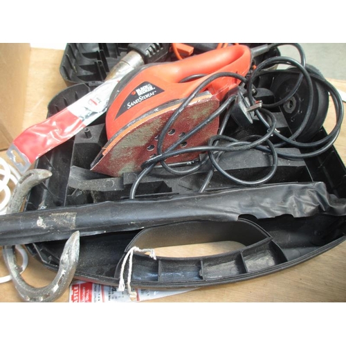 1435 - A Black & Decker boxed Sandstorm and hot air gun and a very large lot of 240v extension leads