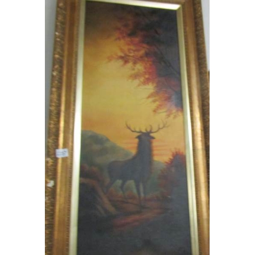 2357 - A Victorian oil on canvas of a stag at sunrise/sunset, unsigned, inscribed verso 'G Rowney & Co., Lo... 