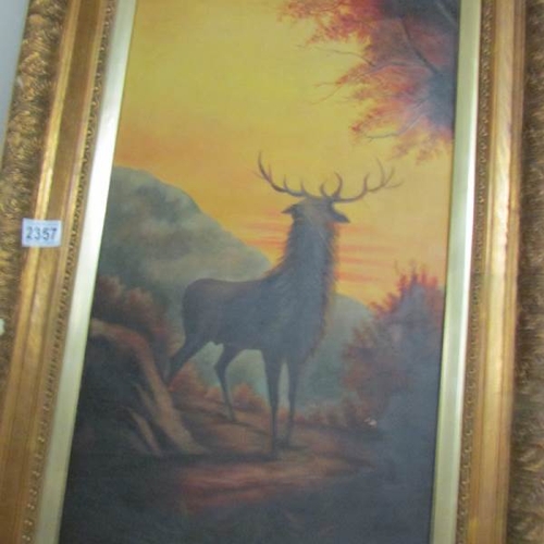 2357 - A Victorian oil on canvas of a stag at sunrise/sunset, unsigned, inscribed verso 'G Rowney & Co., Lo... 