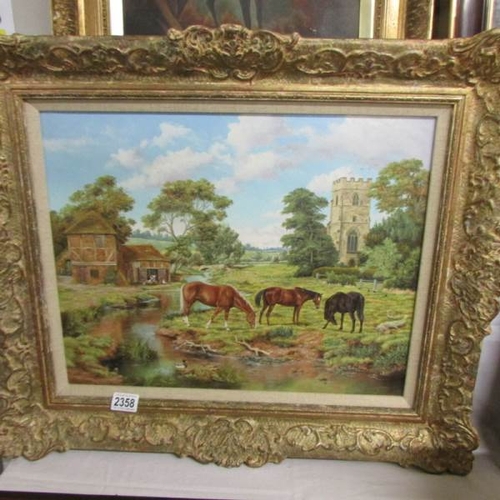 2358 - A framed oil on board of horses and foals grazing by Brian Tovey (b.1943)   68 x 58 cm.