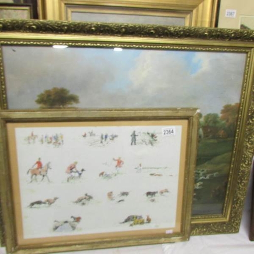 2364 - A framed and glazed hunting print (image 64.5 x 51 cm) and a framed and glazed hare coursing print (... 