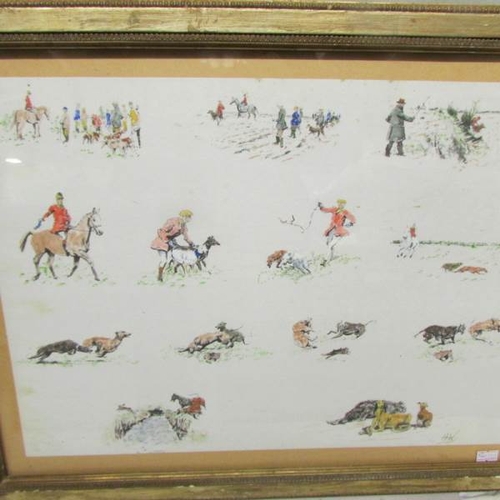 2364 - A framed and glazed hunting print (image 64.5 x 51 cm) and a framed and glazed hare coursing print (... 