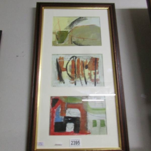 2395 - A Cornish school triptych abstract boat and harbour studies in acrylics and goauche.   All titled St... 