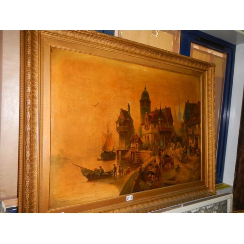 2712 - A large gilt framed oilograph German port scene, Meyerheim 1872 (1815-188) image 100 x 71 cm.