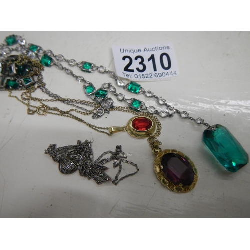 2310 - 3 art deco necklaces, one stamped platinum, 2 insilver, together with 2 stone set pendants/chains in... 