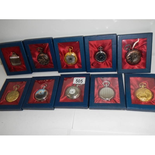 505 - 10 boxed contemporary pocket watches (all need batteries)