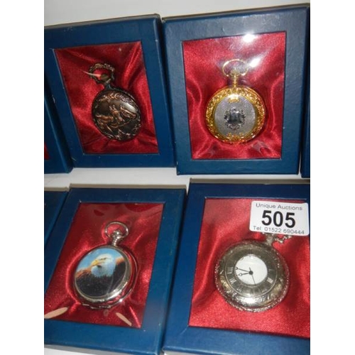 505 - 10 boxed contemporary pocket watches (all need batteries)