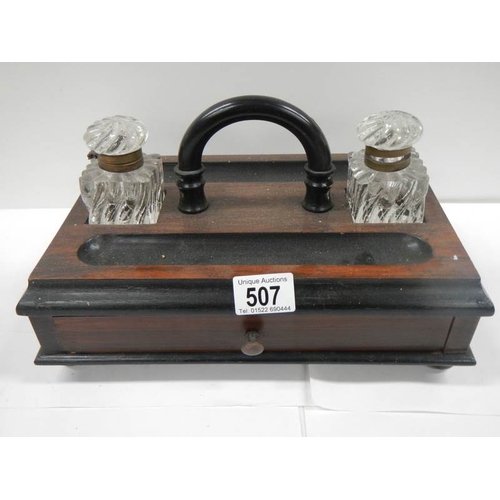 507 - A good early 20th century desk stand with 2 inkwells and single drawer to base.