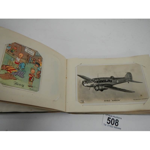 508 - An old autograph book containing aircraft pictures and Kensitas cigarette cards, approximately 28 pa... 