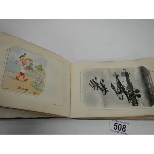 508 - An old autograph book containing aircraft pictures and Kensitas cigarette cards, approximately 28 pa... 