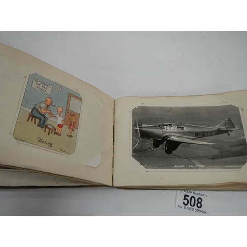 508 - An old autograph book containing aircraft pictures and Kensitas cigarette cards, approximately 28 pa... 