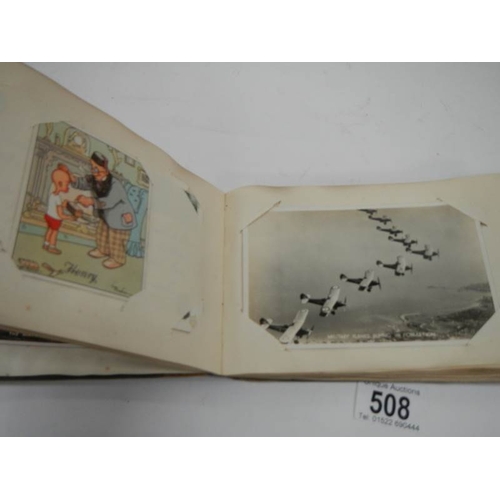 508 - An old autograph book containing aircraft pictures and Kensitas cigarette cards, approximately 28 pa... 