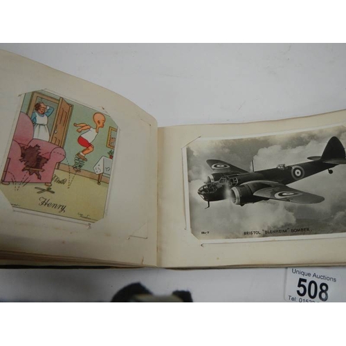 508 - An old autograph book containing aircraft pictures and Kensitas cigarette cards, approximately 28 pa... 