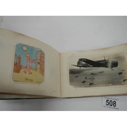 508 - An old autograph book containing aircraft pictures and Kensitas cigarette cards, approximately 28 pa... 