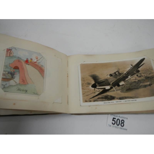 508 - An old autograph book containing aircraft pictures and Kensitas cigarette cards, approximately 28 pa... 