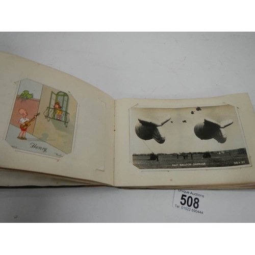 508 - An old autograph book containing aircraft pictures and Kensitas cigarette cards, approximately 28 pa... 