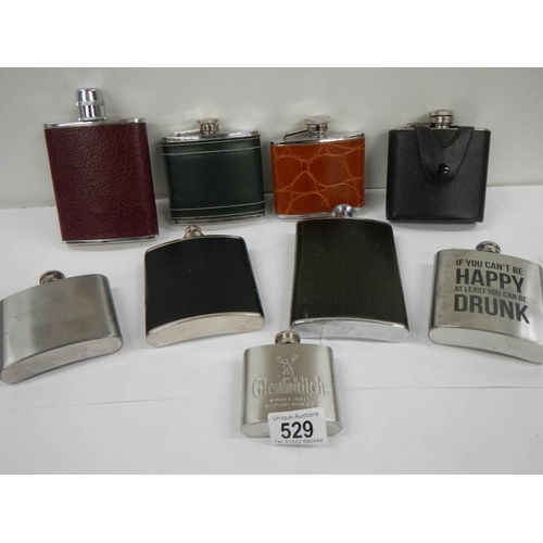 529 - 9 20th century hip flasks (6 leather coloured, 3 not)