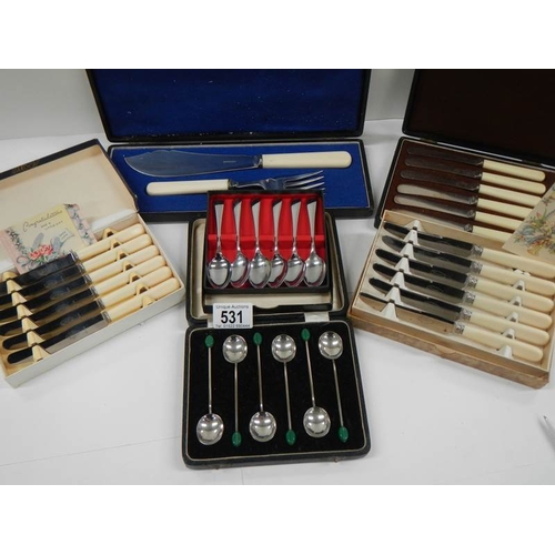 531 - 6 assorted cutlery sets including 2 with wedding present cards.