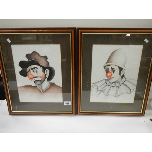 537 - A pair of framed and glazed watercolour studies of clowns, approximately 20'' x 16''.