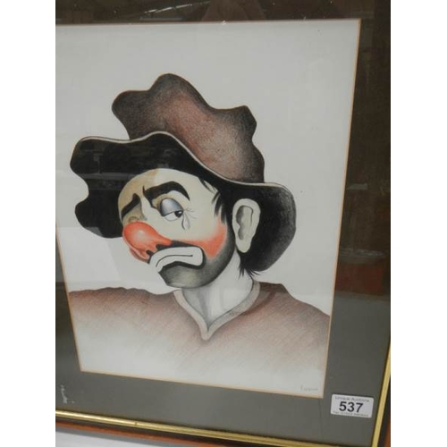 537 - A pair of framed and glazed watercolour studies of clowns, approximately 20'' x 16''.