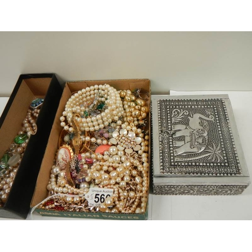 566 - 2 trays of costume jewellery, all good items including silvered box.