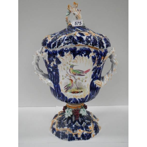 575 - A Victorian hand painted lidded vase, 17.5'' tall, has 2 cracks (see images).