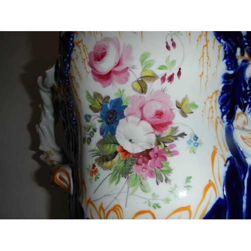 575 - A Victorian hand painted lidded vase, 17.5'' tall, has 2 cracks (see images).