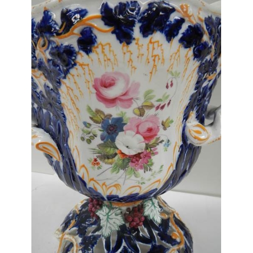 575 - A Victorian hand painted lidded vase, 17.5'' tall, has 2 cracks (see images).