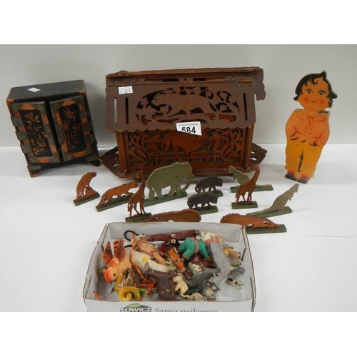 584 - An old toy Noah's ark with wooden animals, miniature chest etc.,