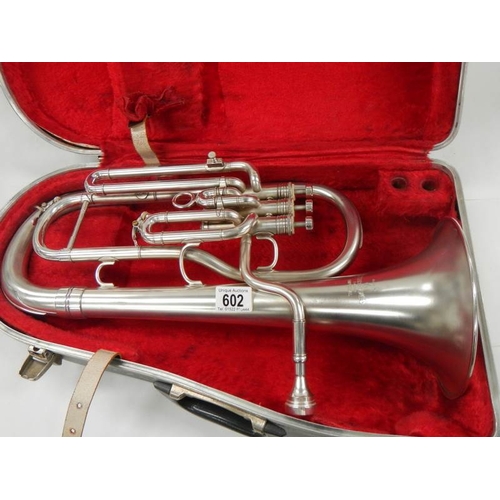 602 - A Boosey & Hawkes Imperial silver plated Baritone horn, 20'' long , in good condition.