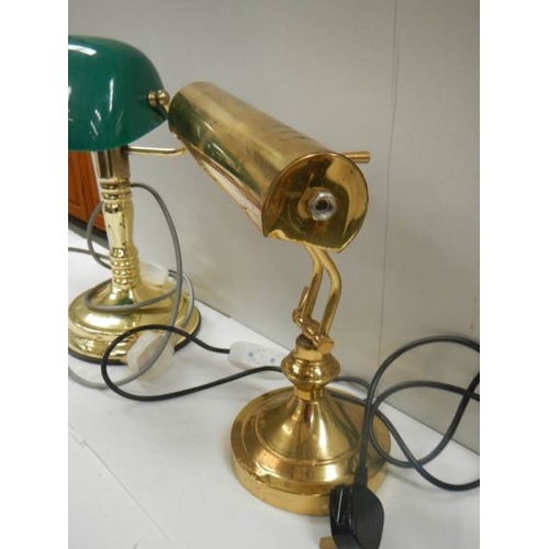 663 - 2 bankers style desk lamps, one being all brass and the other with green plastic shade.