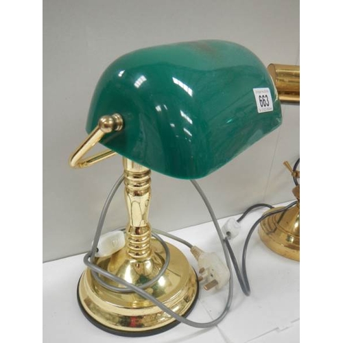 663 - 2 bankers style desk lamps, one being all brass and the other with green plastic shade.