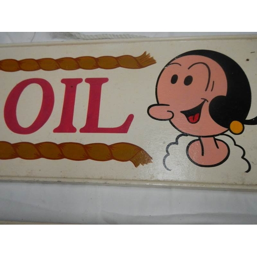 748 - Two 28'' x 7.5'' hand painted wooden Popeye and Olive Oil wall signs.