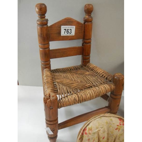 763 - A mixed lot of Victorian and later dolls furniture including chair, monks bench, Windsor style chair... 