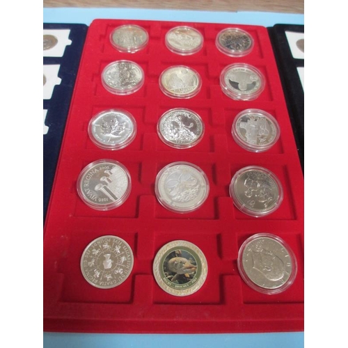 635 - A jewellery display case containing various commemorative coins including crowns, 50p, £2 and £5 (th... 