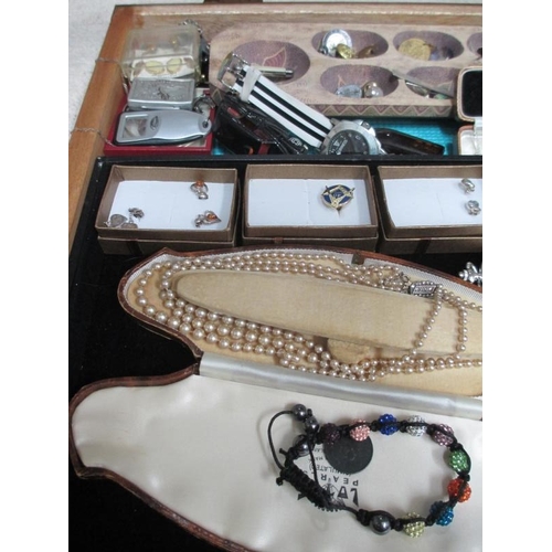 637 - A display case containing assorted jewellery, watches, model cars etc., (this lot is buyer collect o... 