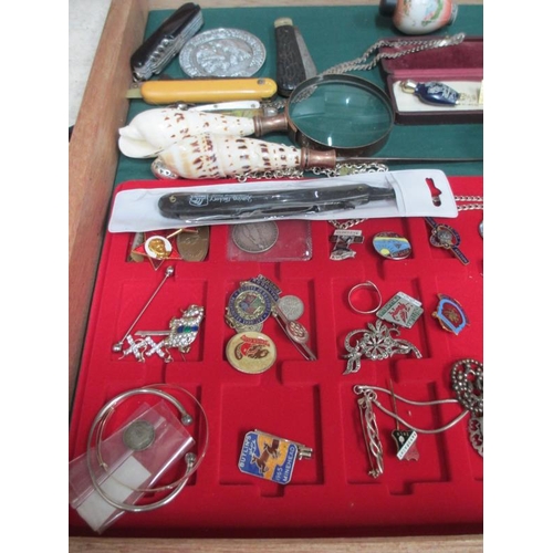 647 - A display case containing assorted jewellery, trinket boxes, badges etc., (this lot is buyer collect... 