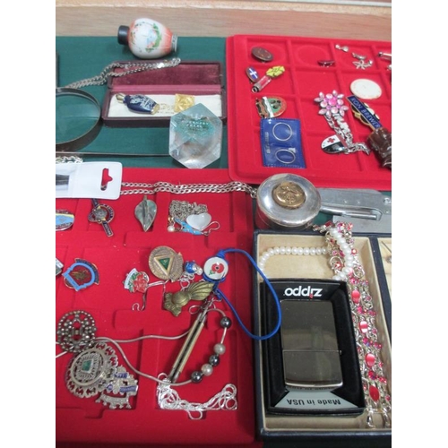 647 - A display case containing assorted jewellery, trinket boxes, badges etc., (this lot is buyer collect... 